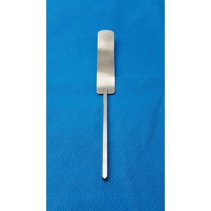 Silver osteotome stainless steel surgical instrument with flat handle and serrated blade for precise bone cutting