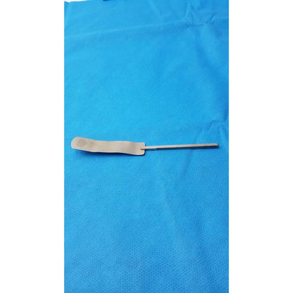 Osteotome stainless steel surgical instrument with a flat rectangular handle and serrated steel surgical blade