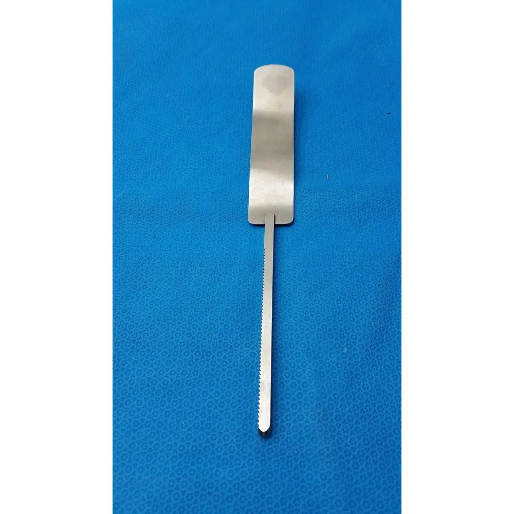 Silver osteotome stainless steel surgical instrument with flat handle and serrated blade for precise bone cutting