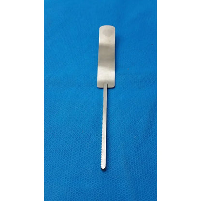 Silver osteotome stainless steel surgical instrument with flat handle and serrated blade for precise bone cutting