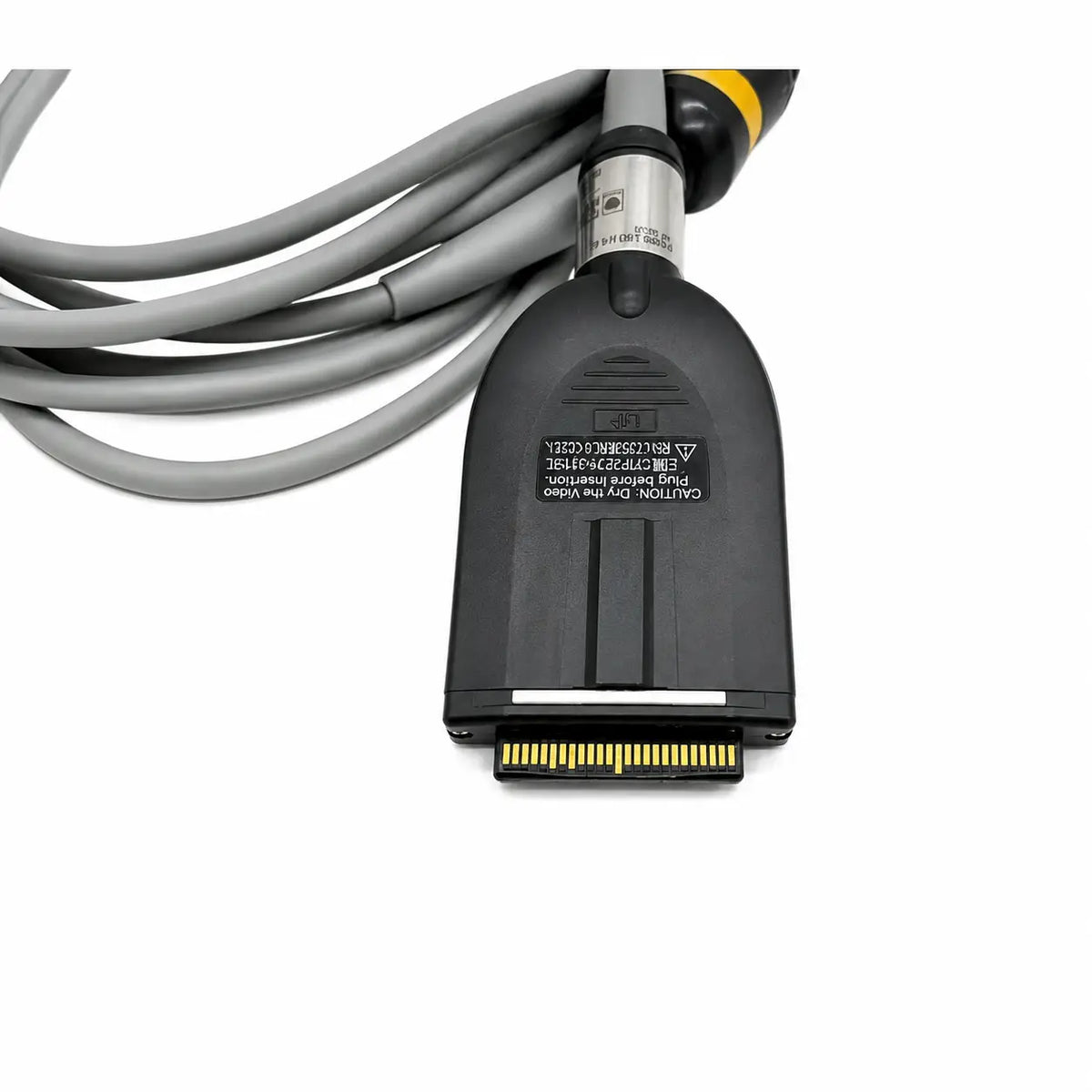 Black plastic autoclavable camera head connector with gold pins and gray coiled cables for otv-s7proh hd camera head back side