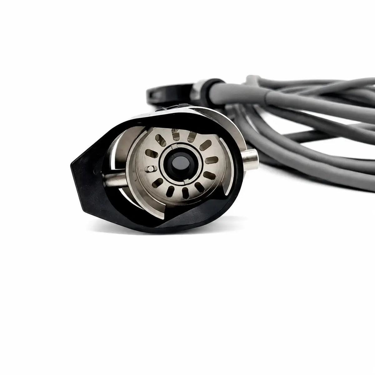 Black and silver metallic cable connector of otv-s7proh-hd-12e autoclavable camera head with circular slotted design