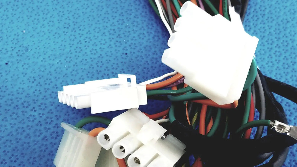 White plastic p10 multi-pin connectors wire harness cable assembly with multiple colored wires for electrical connections
