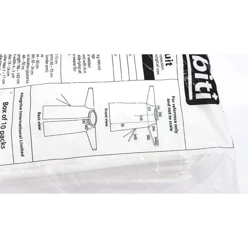 White plastic packaging for bit pack of 10 abiti level 2 isolation gown protective suit medical surgical gowns