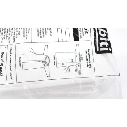 White plastic packaging for bit pack of 10 abiti level 2 isolation gown protective suit medical surgical gowns