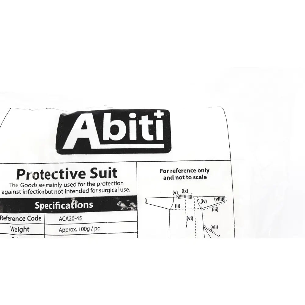 Pack of 10 abiti level 2 isolation gown protective suits with black white text detailing weight and reference code on packaging
