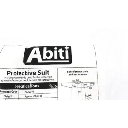 Pack of 10 abiti level 2 isolation gown protective suits with black white text detailing weight and reference code on packaging