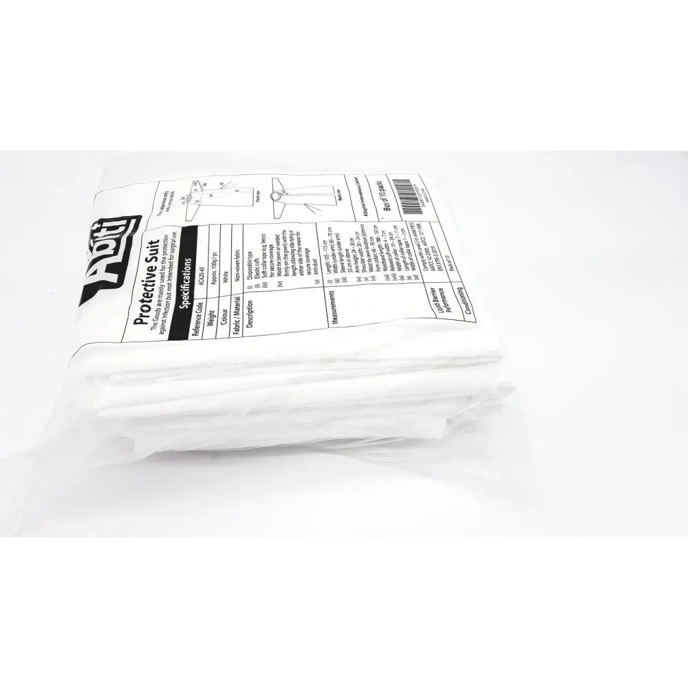 Pack of 10 white abiti level 2 isolation gown protective suits in clear packaging labeled with holti brand and specifications