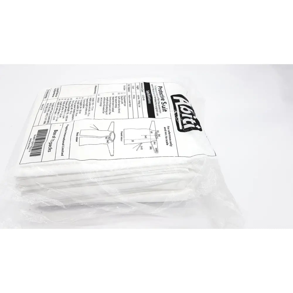 Pack of 10 white abiti level 2 isolation gown protective suits packaged in clear plastic with black printed labeling and diagrams