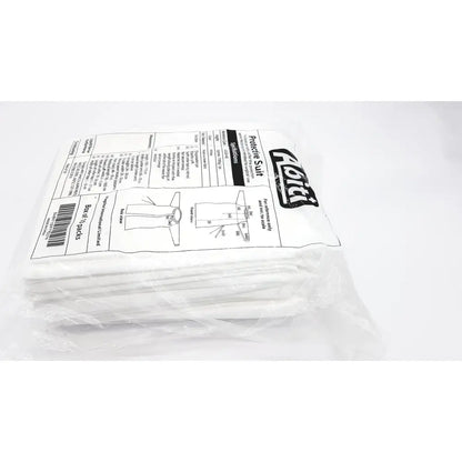 Pack of 10 white abiti level 2 isolation gown protective suits packaged in clear plastic with black printed labeling and diagrams