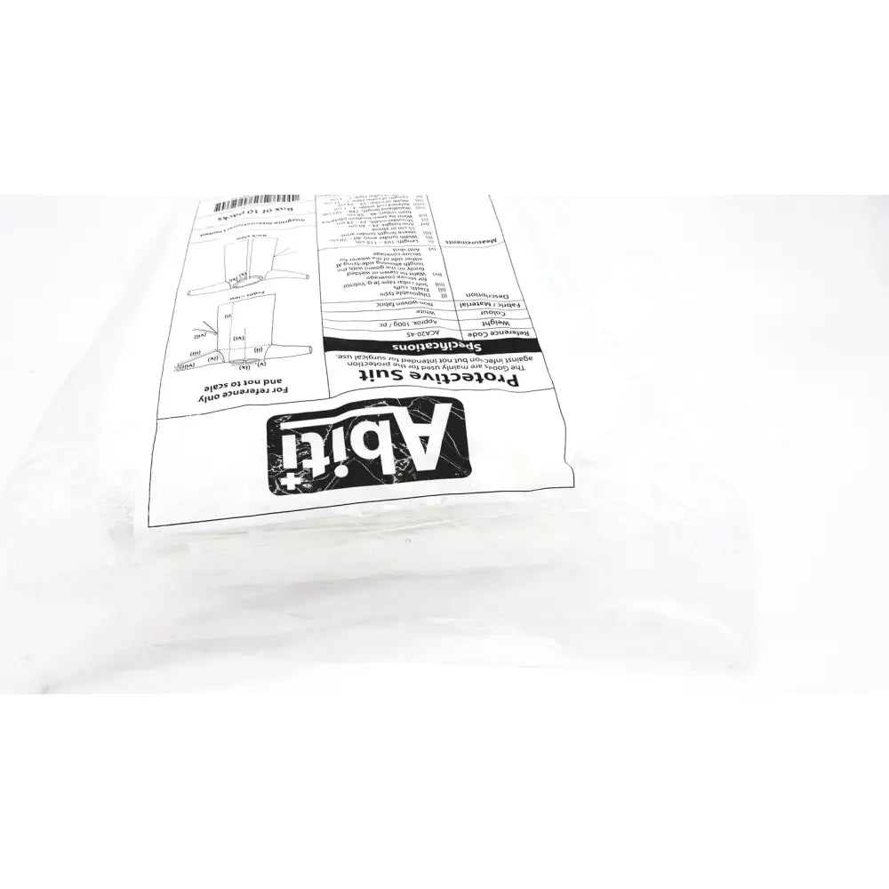 Black and white printed label for pack of 10 abiti level 2 isolation gown protective suits model ACA20-45