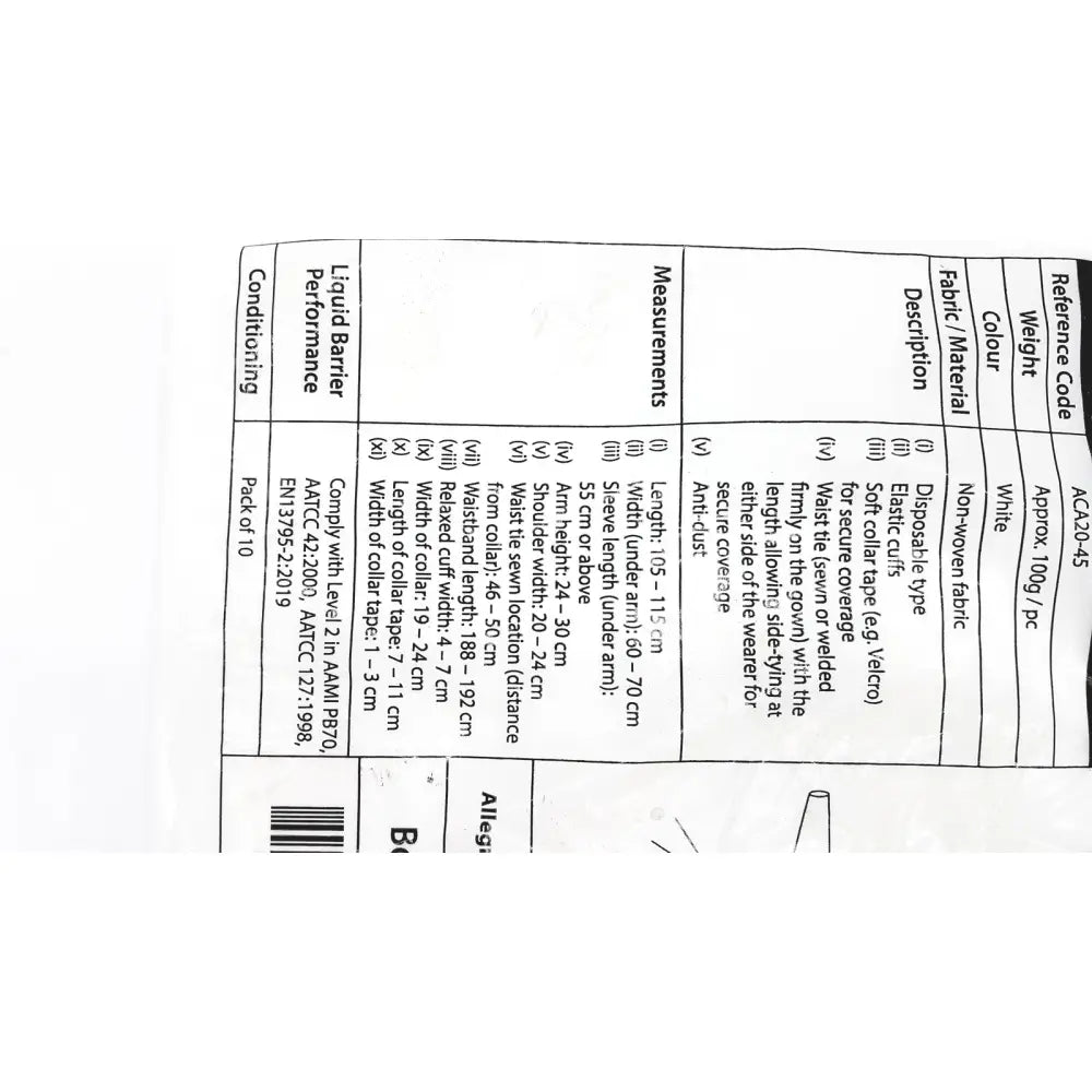 Pack of 10 abiti level 2 isolation gown protective suit in white non-woven fabric with elastic cuffs and soft collar