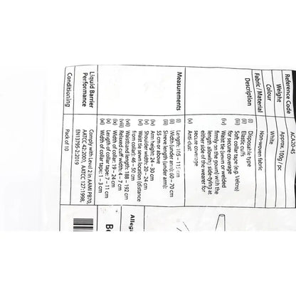 Pack of 10 abiti level 2 isolation gown protective suit in white non-woven fabric with elastic cuffs and soft collar