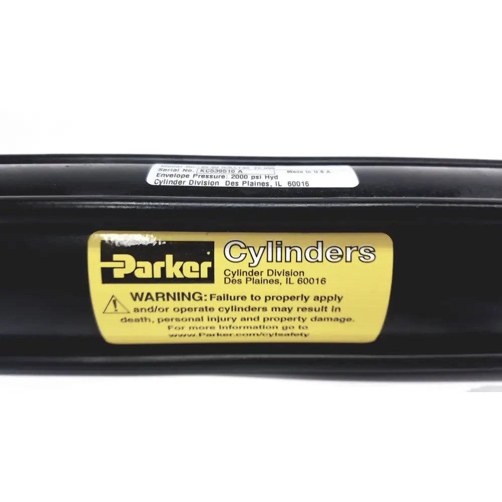 Black parker series 3l model medium-duty hydraulic cylinder with yellow 2000 psi warning label made in the usa