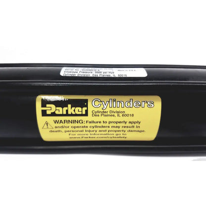 Black parker series 3l model medium-duty hydraulic cylinder with yellow 2000 psi warning label made in the usa