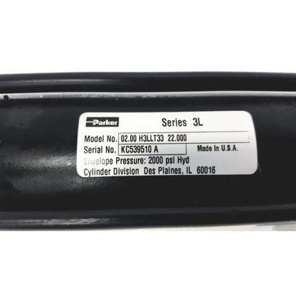 Black parker series 3l model 02.00 h3llt33 medium-duty hydraulic cylinder with white label showing model and serial numbers