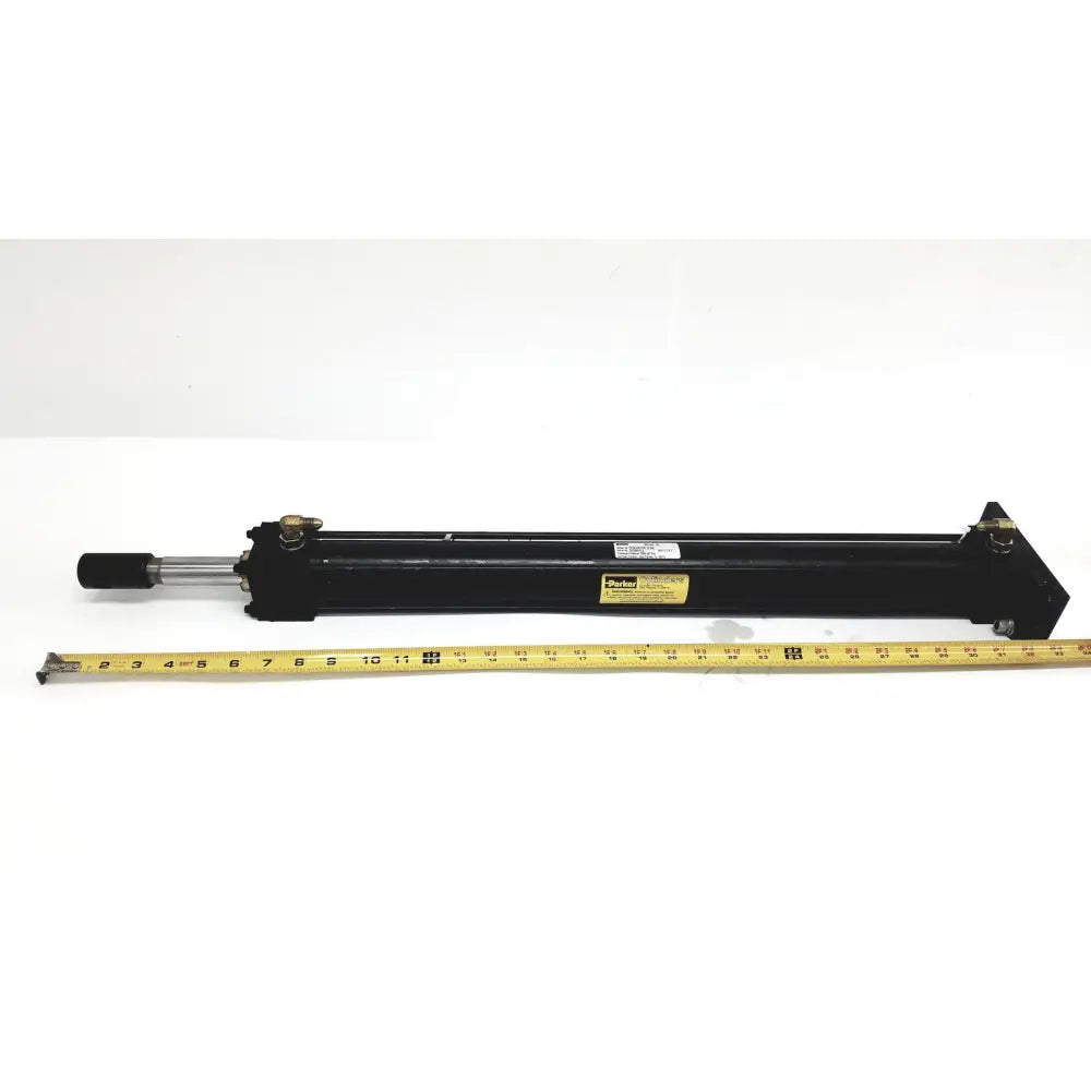 Black parker series 3l model medium-duty hydraulic cylinder with silver piston rod and yellow label