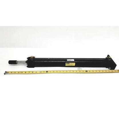Black parker series 3l model medium-duty hydraulic cylinder with silver piston rod and yellow label