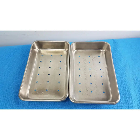 Reuse Medical Perforated Stainless Steel Holloware Instrument Tray Box — lot of 2 Sterilization Trays & Cases, second-hand product photo 1