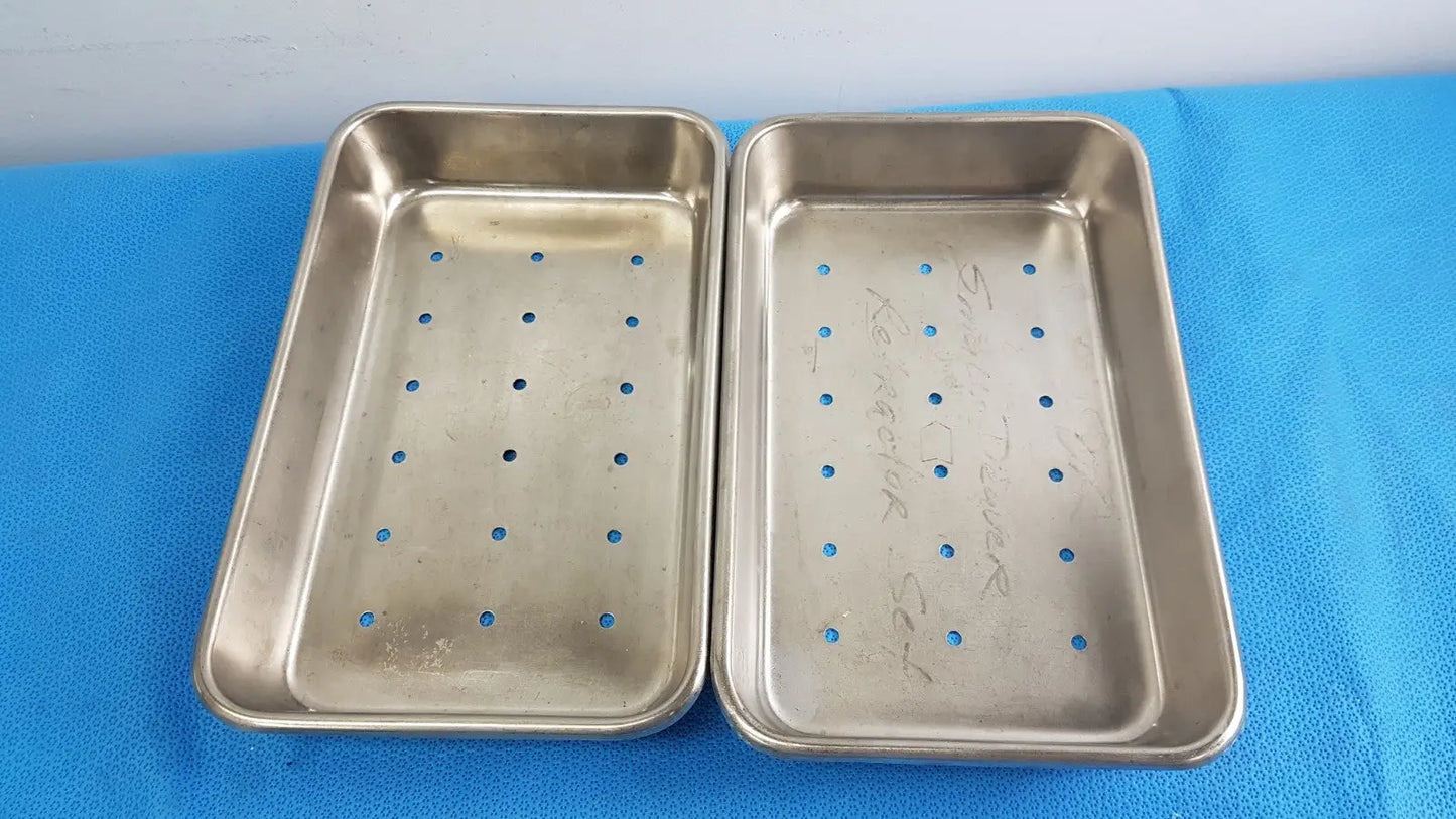 Reuse Medical Perforated Stainless Steel Holloware Instrument Tray Box — lot of 2 Sterilization Trays & Cases, second-hand product photo 1