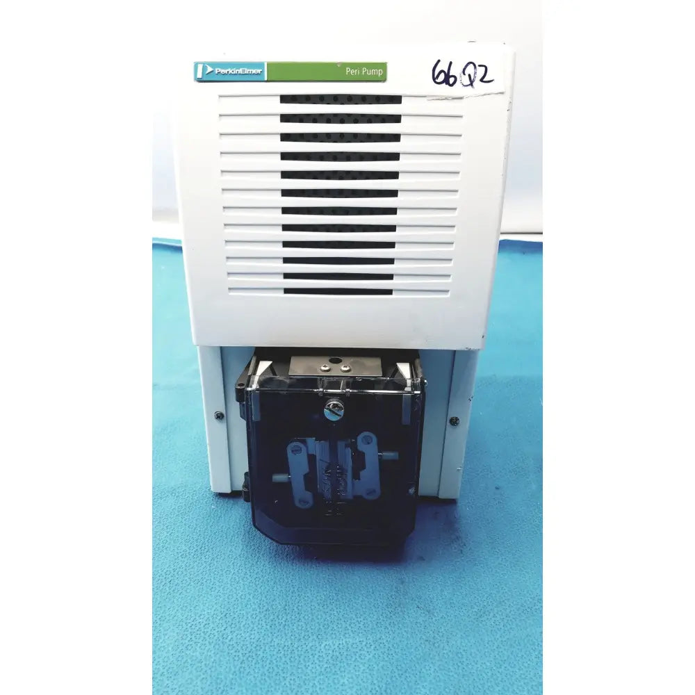 White Perkin Elmer Peri pump CJL8002 with black vented front panel and transparent fluid reservoir below for Janus G3 workstation