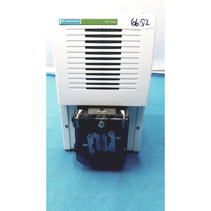 White Perkin Elmer Peri pump CJL8002 with black vented front panel and transparent fluid reservoir below for Janus G3 workstation
