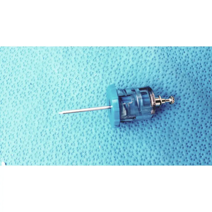 Blue plastic syringe with metallic needle and threaded cap from persys medical nio adult simulation kit