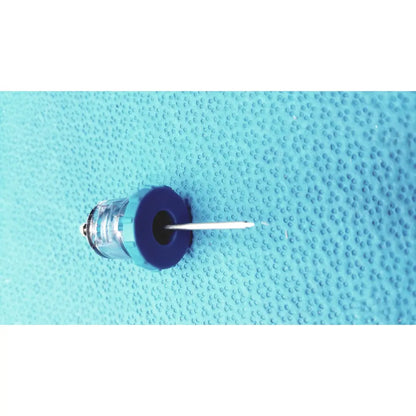 Blue plastic syringe with clear barrel and white needle in persys medical nio adult simulation kit for medical nio adult use