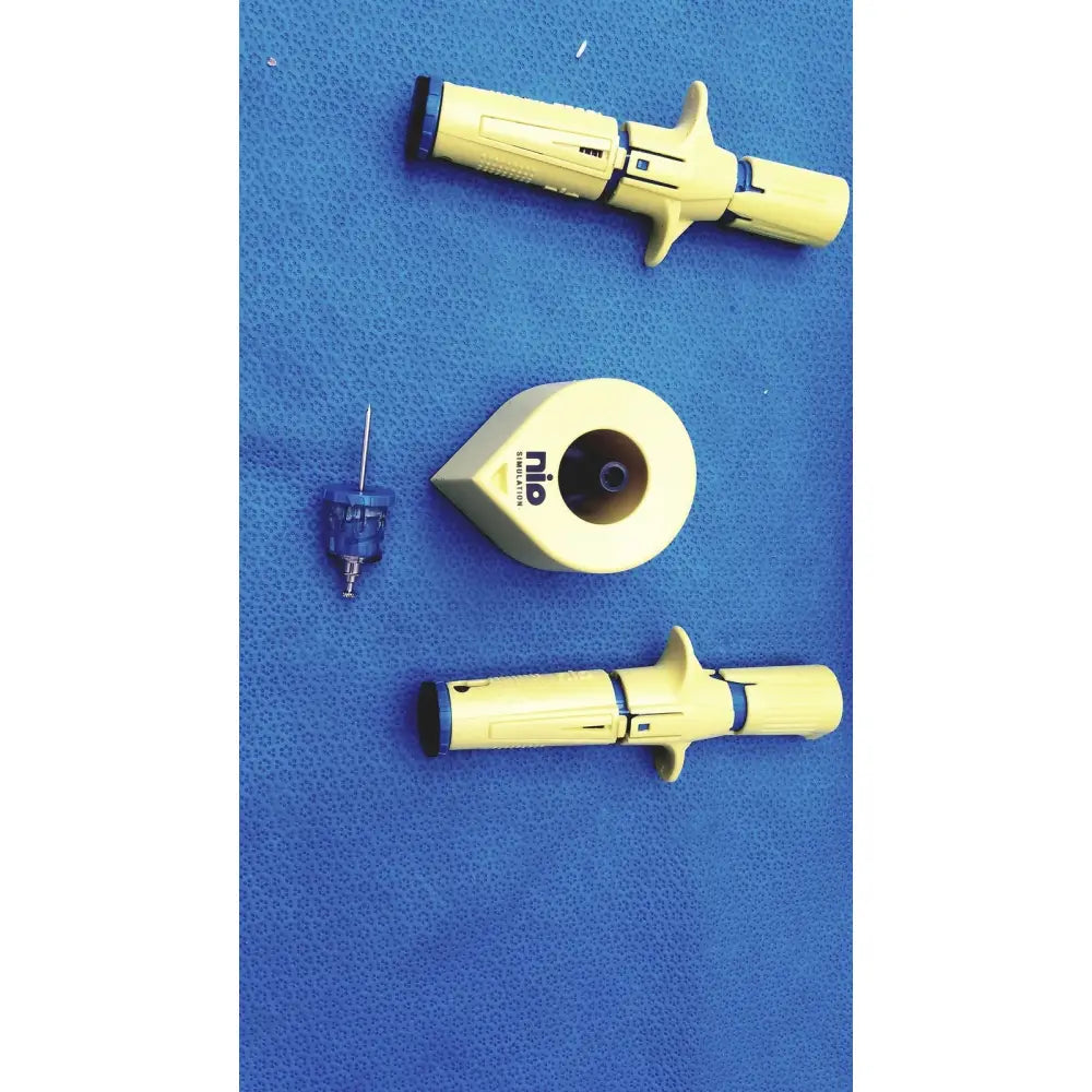 Yellow persys medical nio adult simulation medical injector with black accents and ergonomic grip design
