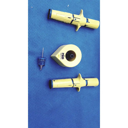 Yellow persys medical nio adult simulation medical injector with black accents and ergonomic grip design