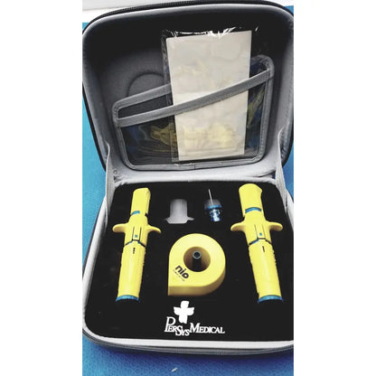 Yellow persys medical nio adult simulation kit inhaler devices with blue accents in black and gray carrying case