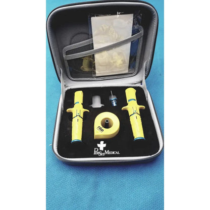 Yellow nio rescue breathing device set in black case for persys medical nio adult simulation kit use
