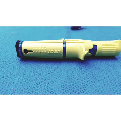Yellow and blue plastic insulin pen with adult printed on the side for persys medical nio adult simulation kit