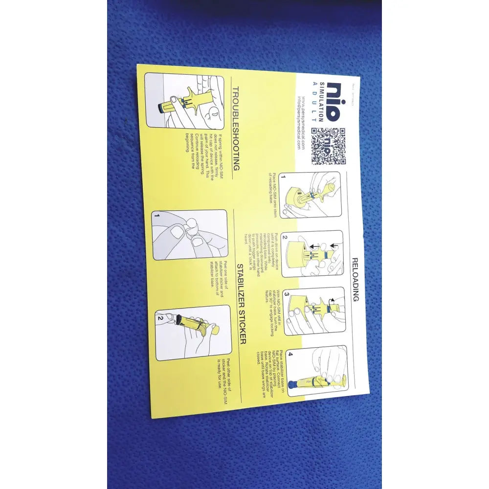 Yellow nio a10 stabilization guide leaflet with illustrated instructions for troubleshooting and reloading in persys medical nio adult simulation kit