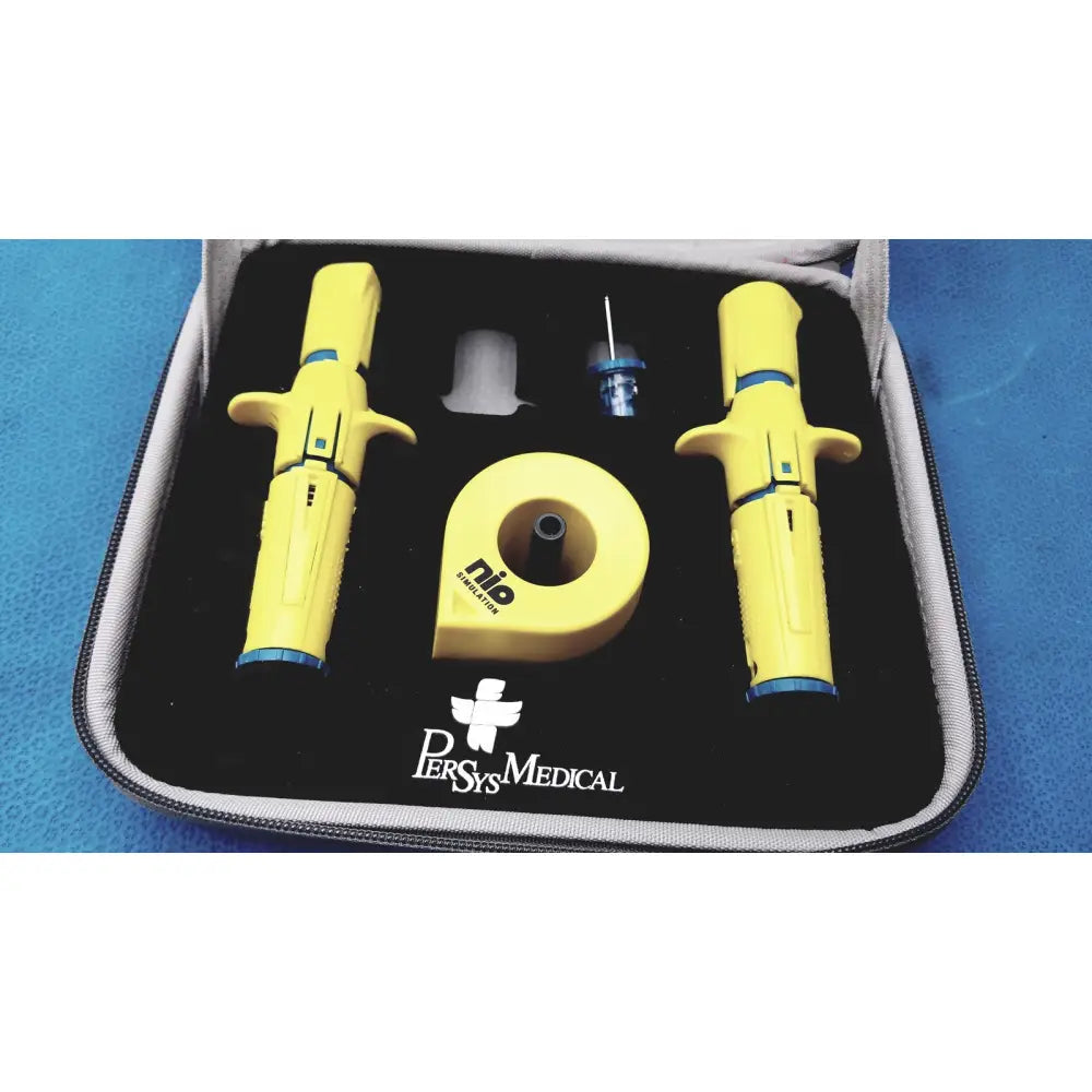 Yellow Persys Medical nio adult simulation kit with two syringe tools and a circular component for medical training