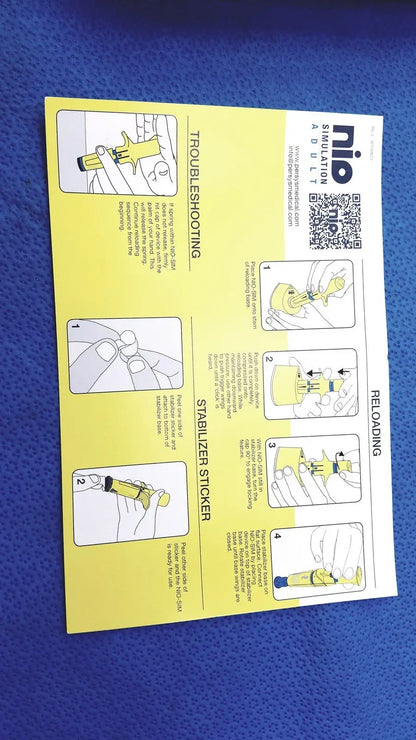 Yellow nio a10 stabilization guide leaflet with illustrated instructions for troubleshooting and reloading in persys medical nio adult simulation kit