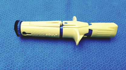 Persys medical nio adult simulation kit showing yellow and blue plastic medical nio adult device with adult engraving