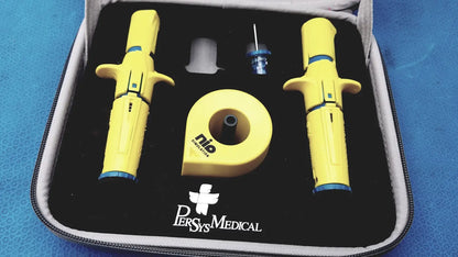 Yellow Persys Medical nio adult simulation kit with two syringe tools and a circular component for medical training
