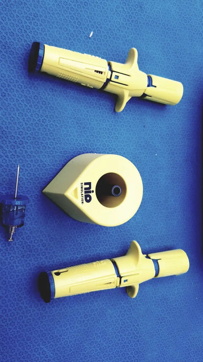 Yellow persys medical nio adult simulation kit insulin pen with black accents and ergonomic grip design