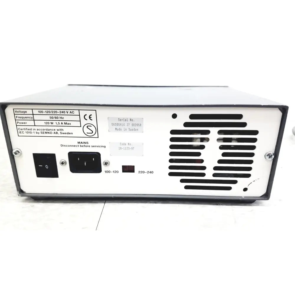 Black and white pharmacia biotech electrophoresiis power supply eps 300 with ventilation slits made in sweden and ce marks