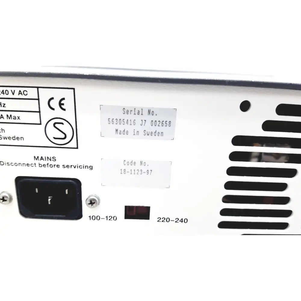 White pharmacia biotech electrophoresiis power supply eps 300 with black power input and ventilation slats back side view