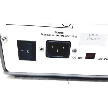 Rear panel of white pharmacia biotech electrophoresiis power supply eps 300 with black power switch and voltage indicators