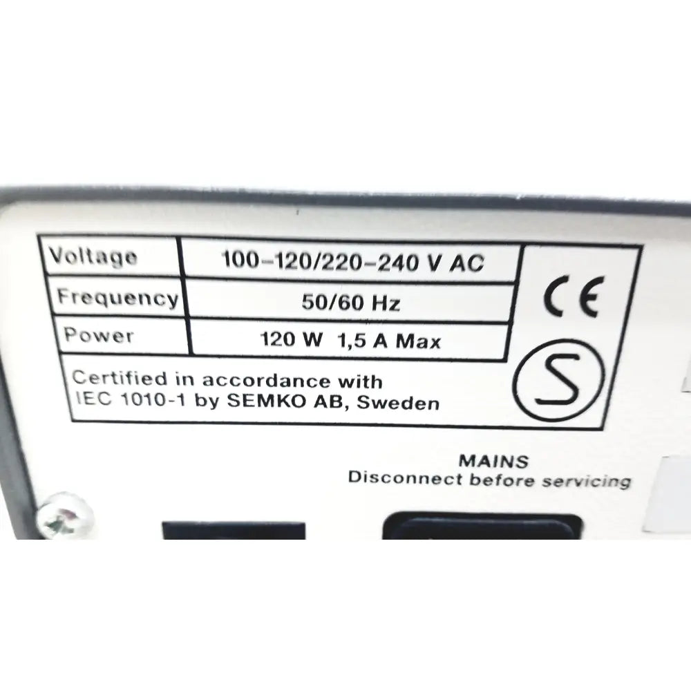 White label with electrical specifications on the back of pharmacia biotech electrophoresiis power supply eps 300 device