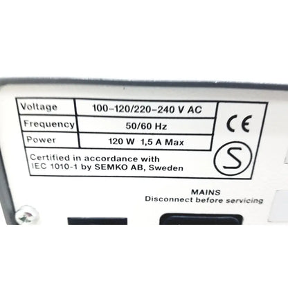 White label with electrical specifications on the back of pharmacia biotech electrophoresiis power supply eps 300 device