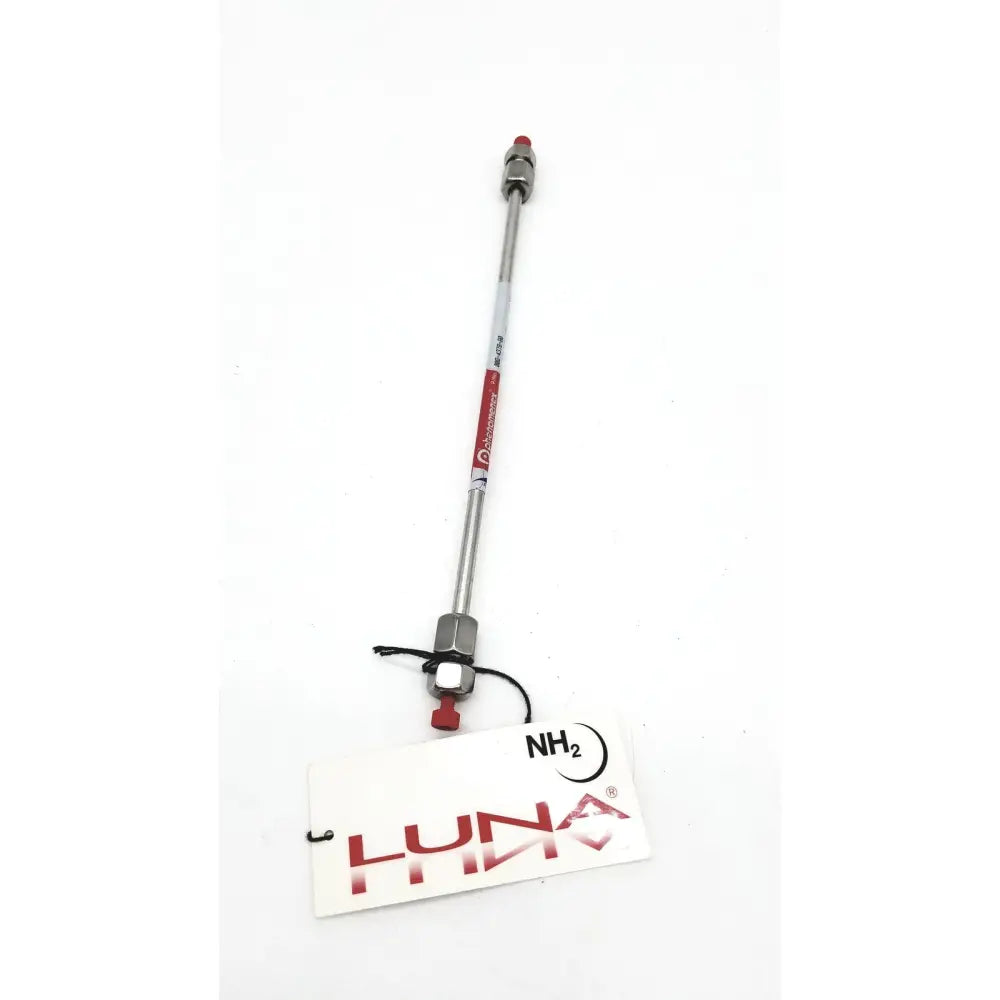 Silver-colored metal phenomex 00g gas tube chromatography column with red caps and black luna tag for reuse medical use