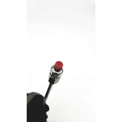 A sleek chrome-finished metal needle with a bright red cap for phenomenex 00g chromatography columns reuse medical tools