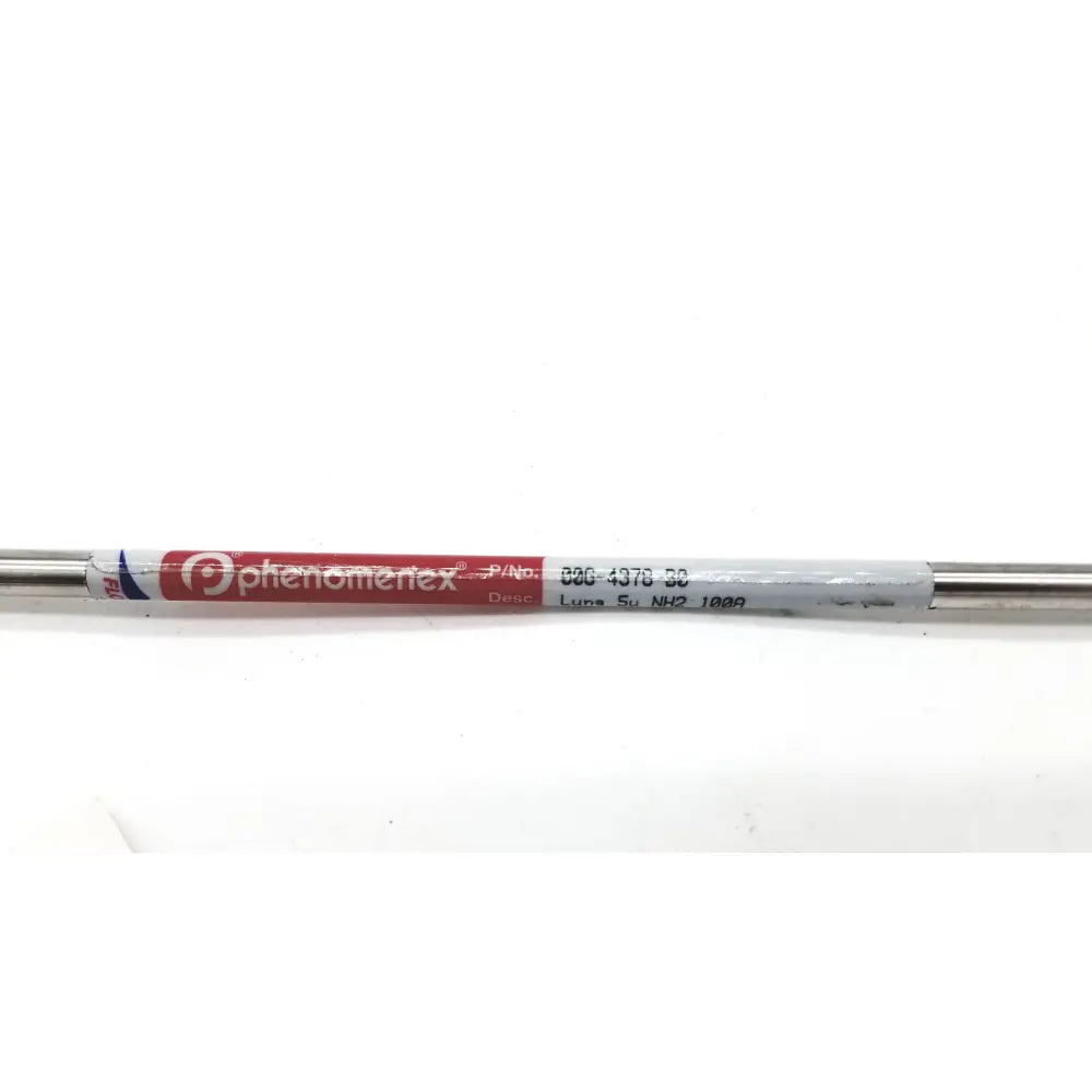 A metallic cylindrical chromatography column with a red and white phenomenex 00g label 250 x 2.00 mm 5 micron reusable medical-grade