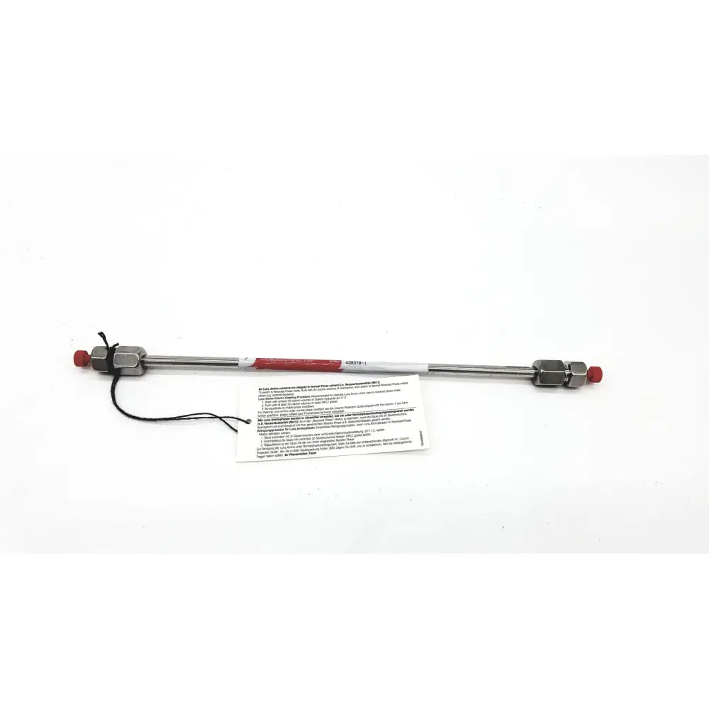Silver metallic phenomenex 00g chromatography column with red caps and hexagonal fittings for reuse medical analysis