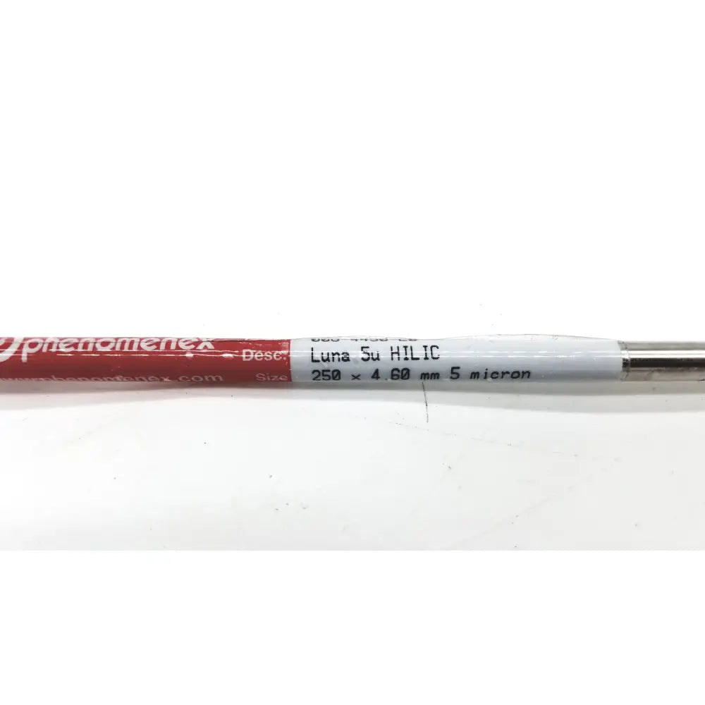 Phenomenex 00g-4450-e0 luna 5u hilic analytical column with red and white label and silver metallic cap 5 micron particle size