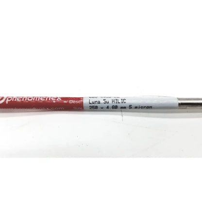 Phenomenex 00g-4450-e0 luna 5u hilic analytical column with red and white label and silver metallic cap 5 micron particle size